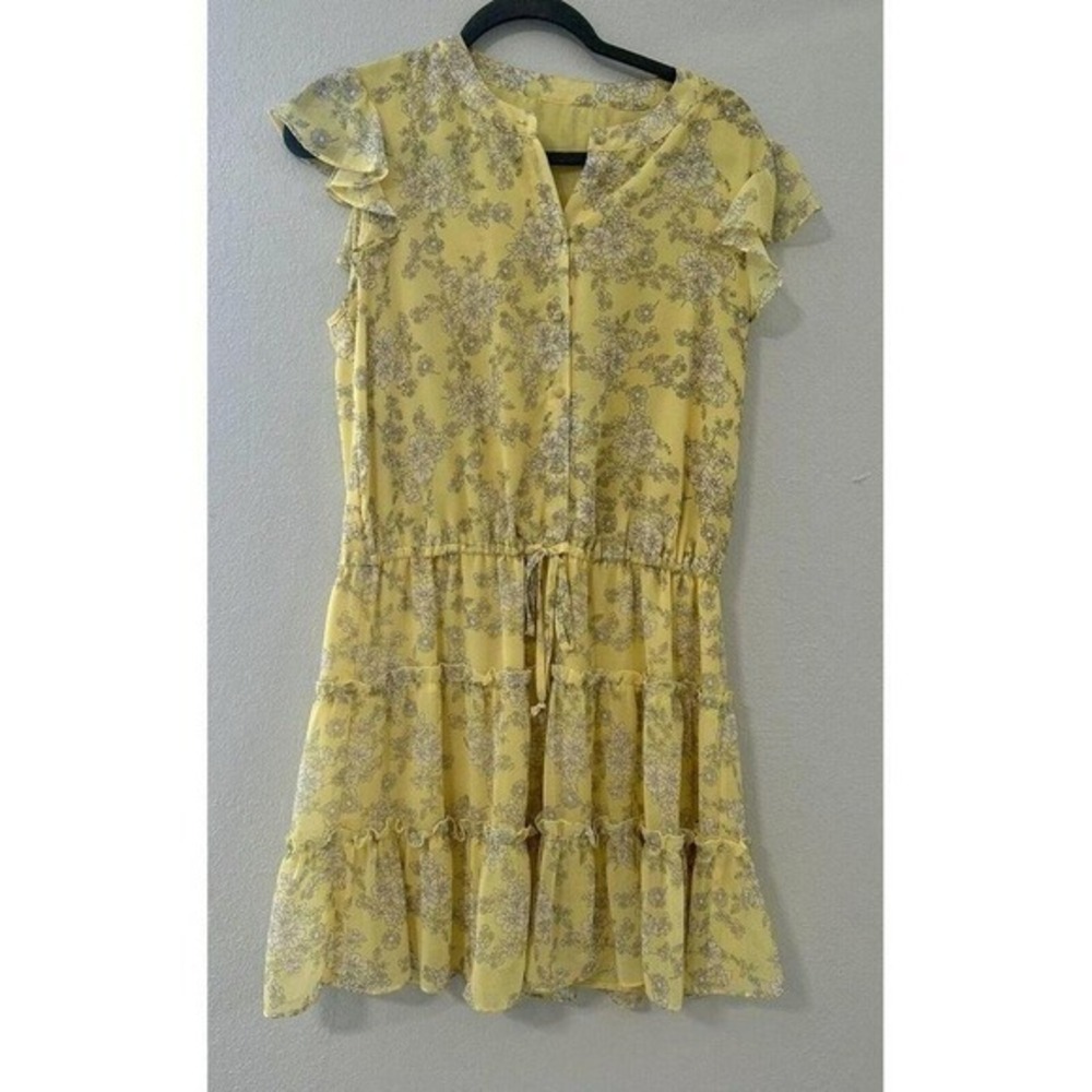 Womens Yellow Floral Tiered Dress Smocked Waist Ruffle Sleeve‎ Button Front sz M
